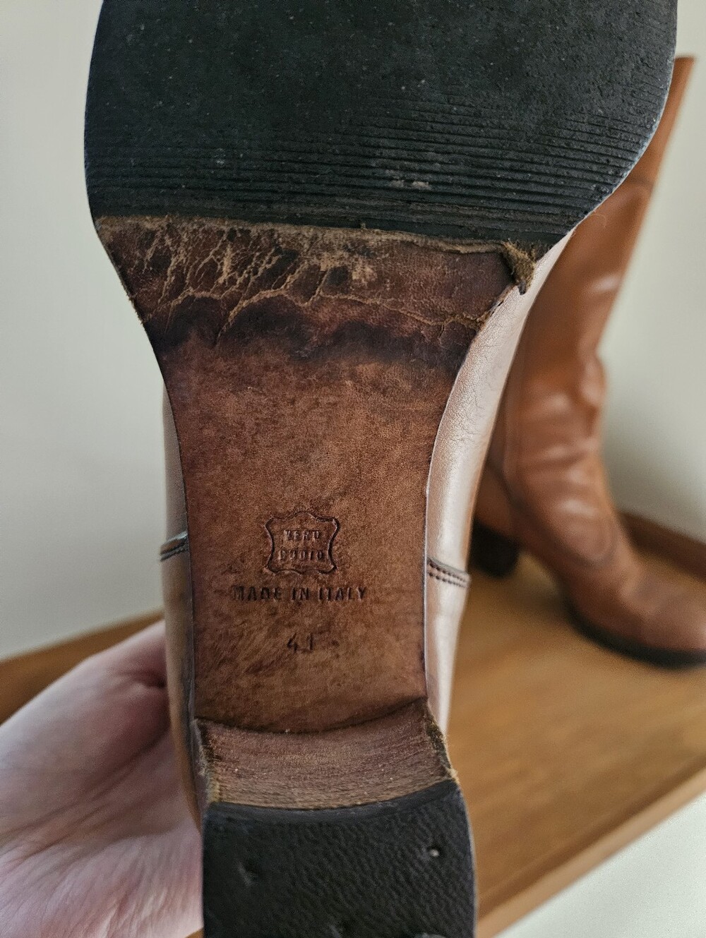 70's Italian Cognac Leather Knee High Riding Heeled Boots *flawed* - Picture 8 of 16
